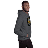 Dark heather gray unisex pullover hoodie with side view and front graphic
