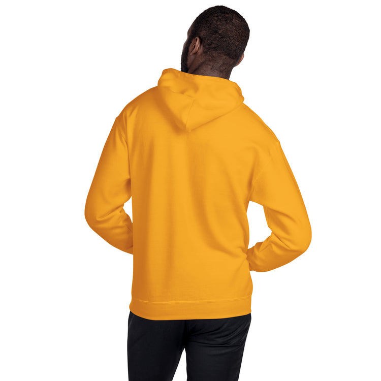 Orange unisex hoodie back view with hood and long sleeves