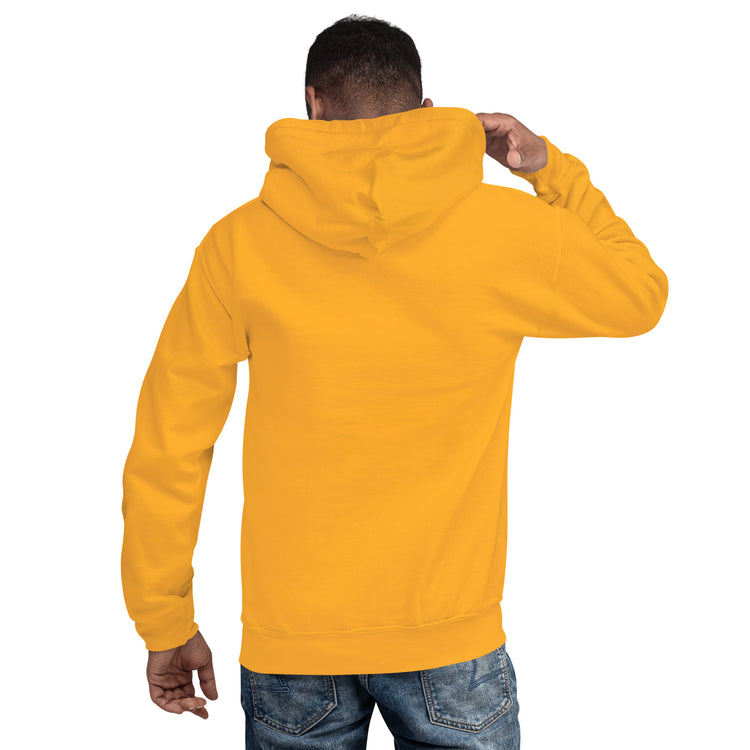 Mustard/orange hoodie with hood up and kangaroo pocket, back view.