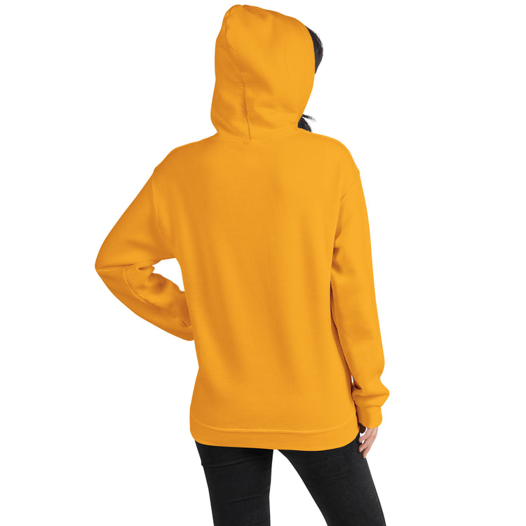 Unisex gold hoodie with hood; back view with kangaroo pocket visible