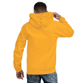 Unisex hoodie in gold/yellow with hood and front pocket, back view