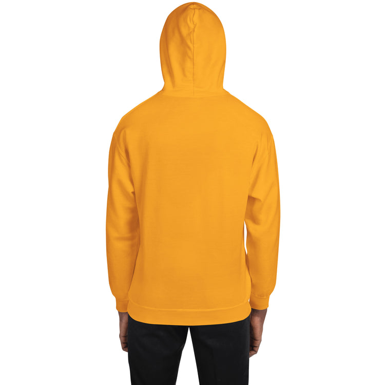 Unisex pullover hoodie, yellow, back view with hood and ribbed cuffs