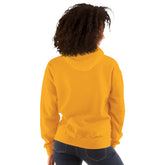 Mustard yellow hoodie back view with hood and kangaroo pocket.