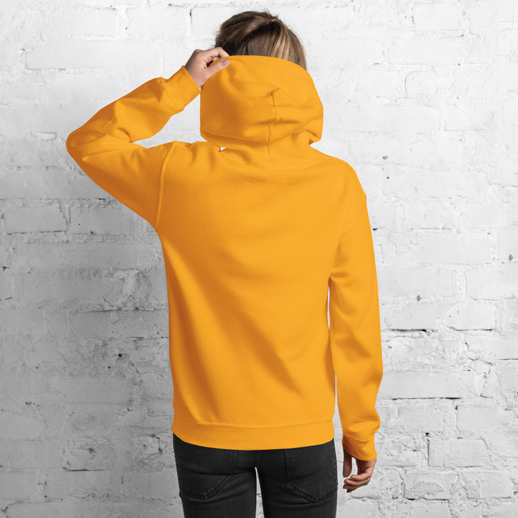 Unisex mustard yellow pullover hoodie, back view with hood and kangaroo pocket