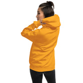 Gold hoodie back view, hood with drawstring and kangaroo pocket visible