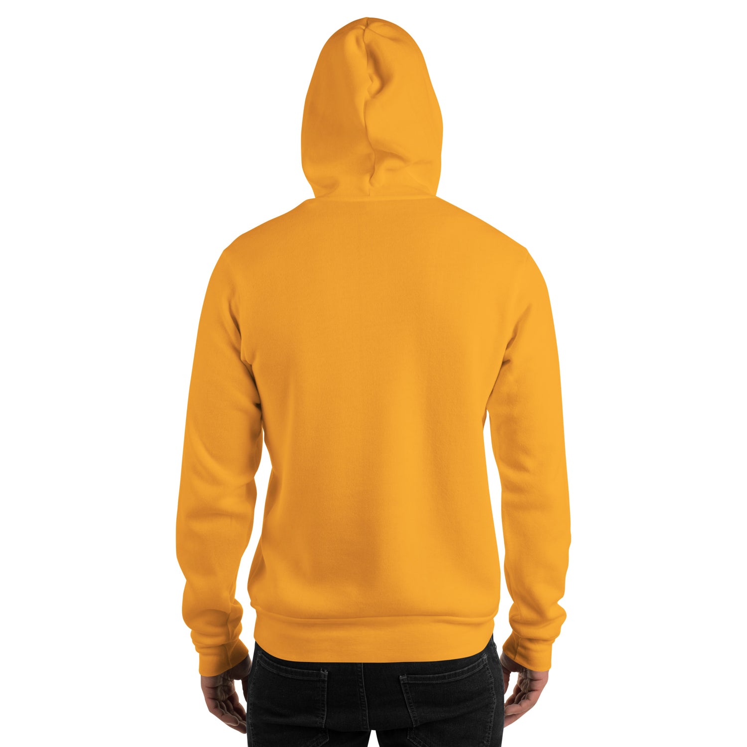 Gold unisex pullover hoodie, back view with hood and kangaroo pocket
