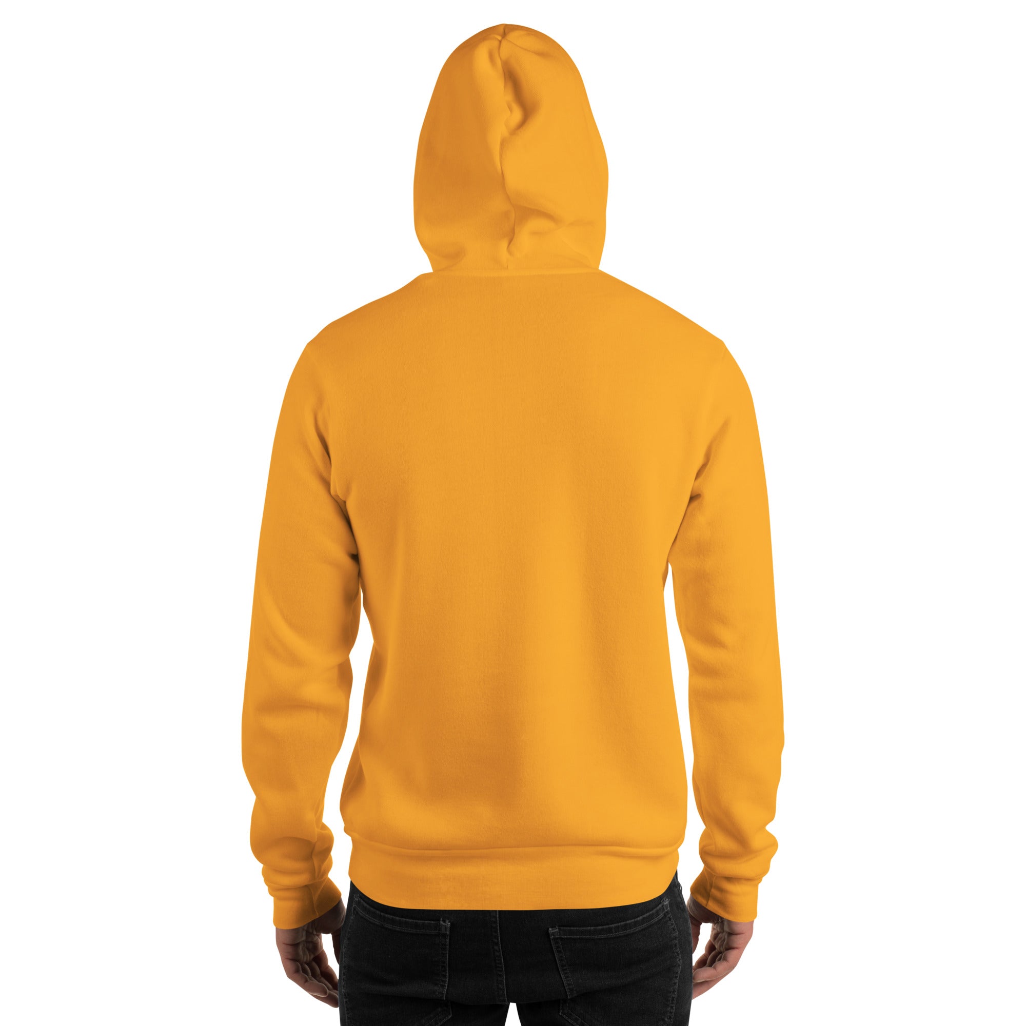 Gold unisex pullover hoodie, back view with hood and kangaroo pocket