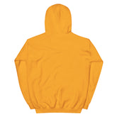 Orange hoodie sweatshirt back view with hood and kangaroo pocket.