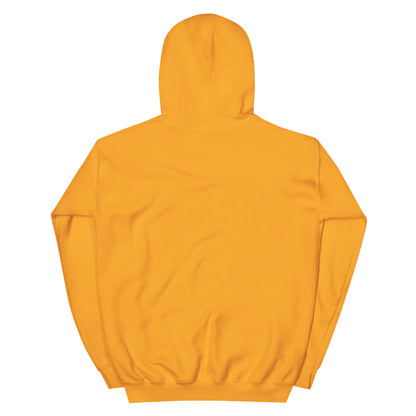 Orange hoodie sweatshirt back view with hood and kangaroo pocket.