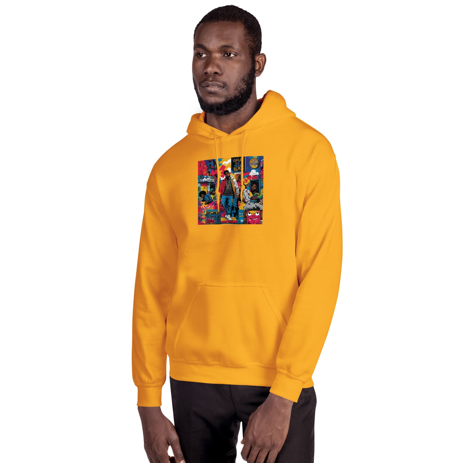Bright orange unisex hoodie with colorful front graphic and kangaroo pocket