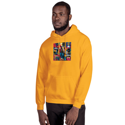 Bright orange unisex hoodie with colorful front graphic and kangaroo pocket