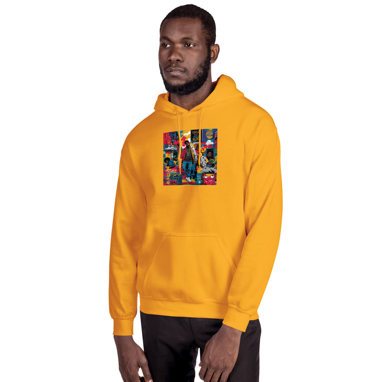 Unisex pullover hoodie, yellow, hood with front graphic patch, kangaroo pocket
