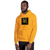 Mustard orange unisex hoodie with hood and chest graphic patch, front pouch pocket