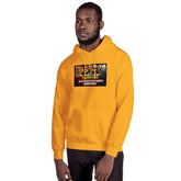 Orange unisex hoodie with kangaroo pocket and chest graphic