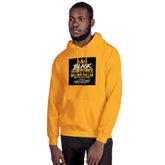 Unisex pullover hoodie in mustard yellow with hood and front graphic panel (front view)