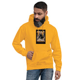 Mustard/orange unisex hoodie with front graphic print and kangaroo pocket.