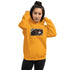 Unisex pullover hoodie, gold, front graphic print, drawstring hood, kangaroo pocket