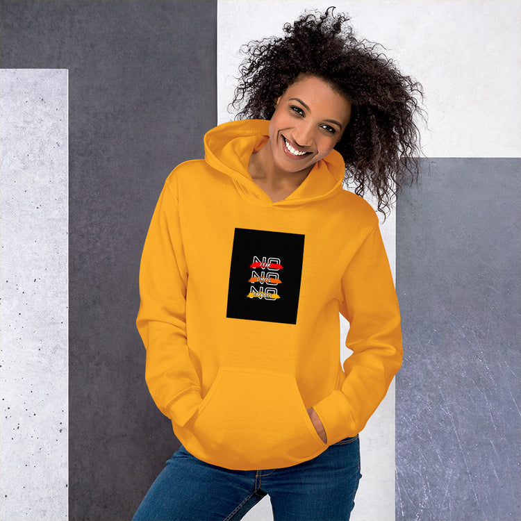 Unisex hoodie in gold with hood and kangaroo pocket, graphic logo patch on chest.