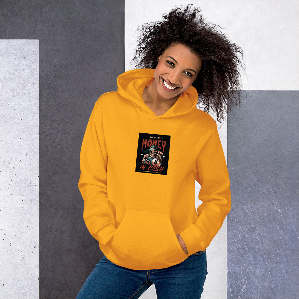 Gold unisex hoodie with hood, kangaroo pocket, and centered front graphic print