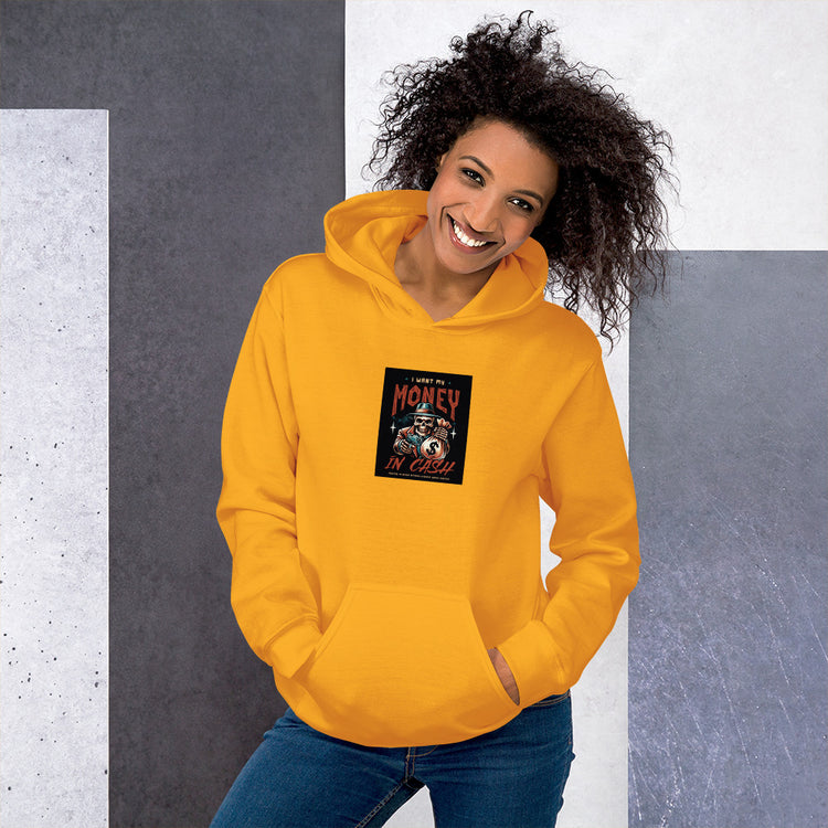 Unisex yellow hoodie with front graphic print, pullover hood, and kangaroo pocket.