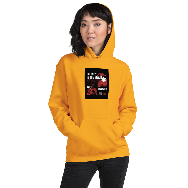 Unisex gold/yellow hoodie with hood, front chest graphic, and kangaroo pocket