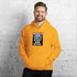 Unisex orange pullover hoodie with front graphic, hood and kangaroo pocket.