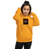 Gold unisex hoodie with hood, kangaroo pocket, and logo graphic on chest.