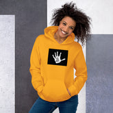 Mustard yellow unisex hoodie with hood and black graphic chest patch