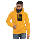 Unisex yellow hoodie with front kangaroo pocket and chest graphic print