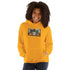 Orange unisex hoodie, front view with hood and chest graphic