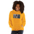 Unisex orange hoodie with hood, kangaroo pocket, and chest graphic print.