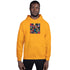 Unisex pullover hoodie, yellow, front graphic patch, kangaroo pocket, hood