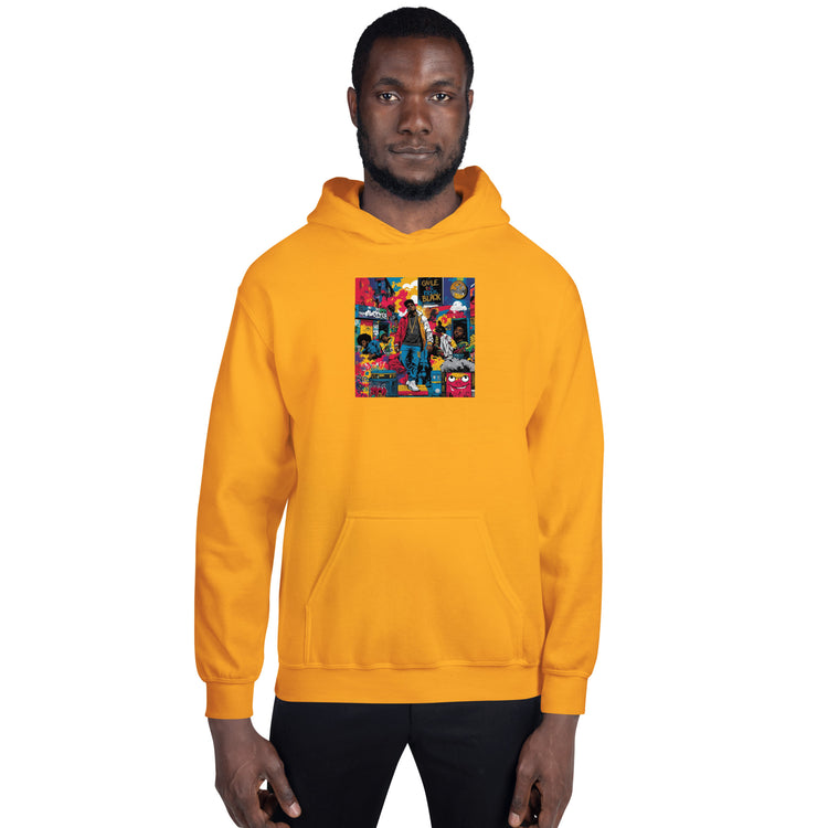 Unisex pullover hoodie, yellow, front graphic patch, kangaroo pocket, hood