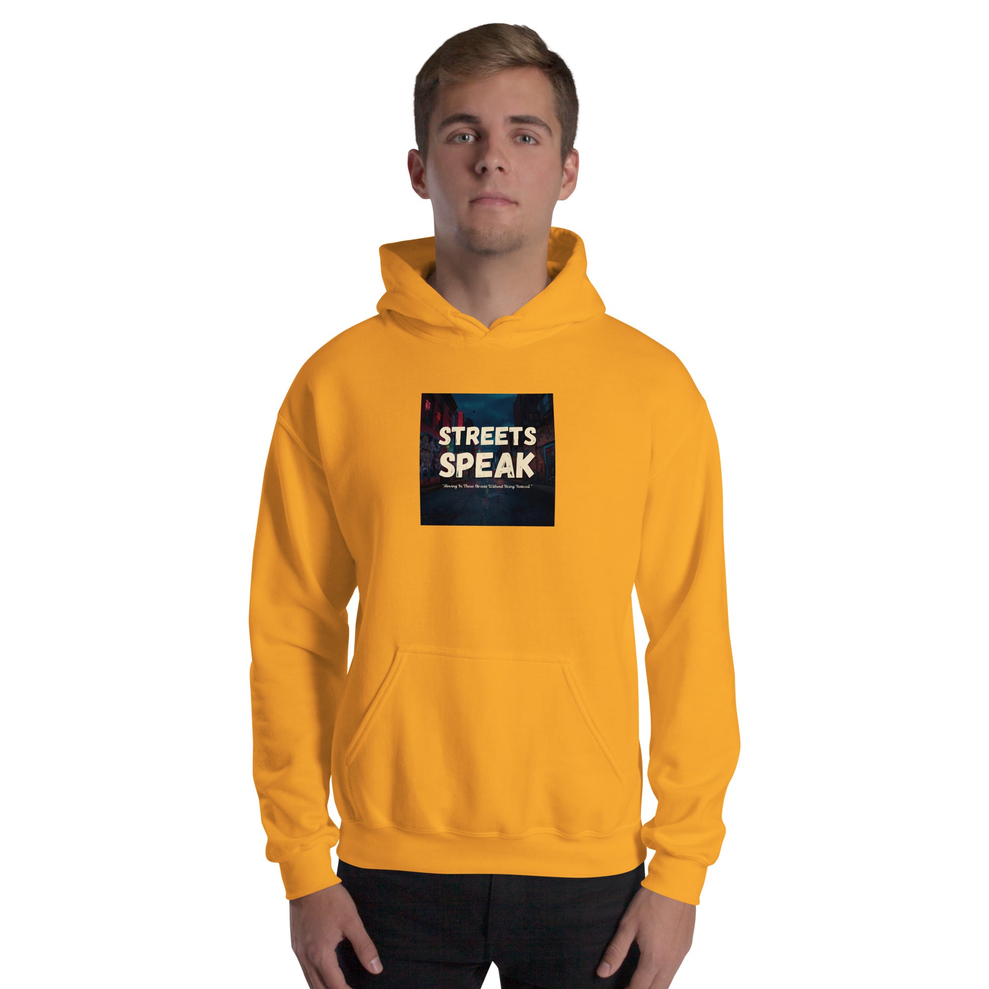 Orange unisex hoodie with “STREETS SPEAK” square chest graphic
