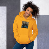 Unisex hoodie in mustard yellow with hood, pouch pocket, and chest logo graphic
