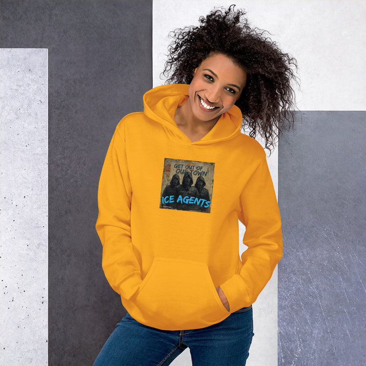 Unisex hoodie in mustard yellow with hood, pouch pocket, and chest logo graphic
