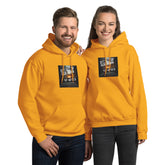 Unisex hoodie in gold with front logo graphic, pullover hood, and kangaroo pocket