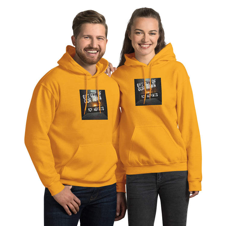 Unisex hoodie in gold with front logo graphic, pullover hood, and kangaroo pocket