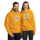 Gold unisex hoodie with front pocket and hood, graphic chest print
