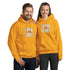Gold unisex hoodie with front pocket and hood, graphic chest print