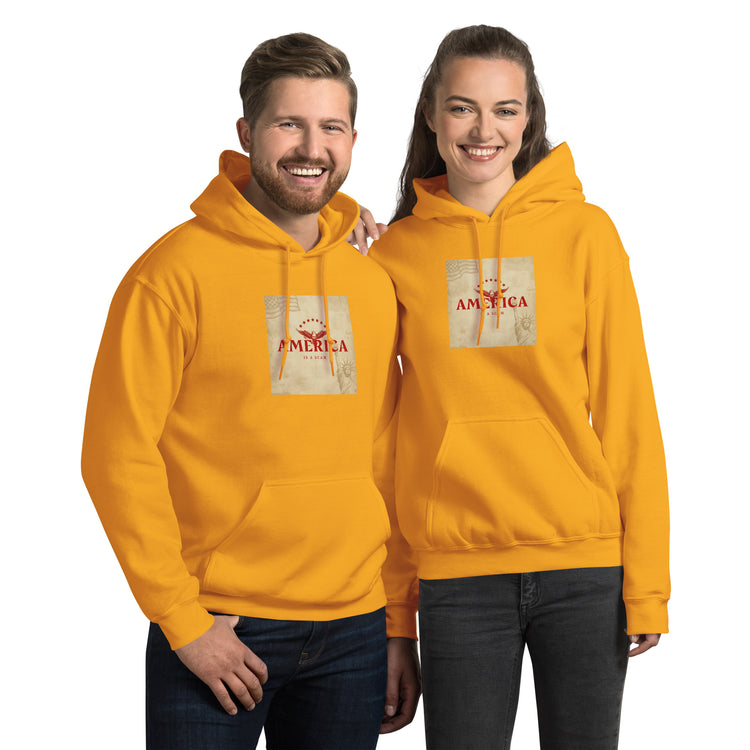 Gold unisex hoodie with front pocket and hood, graphic chest print