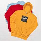 Gold hoodie with front graphic label reading “LYRIC”