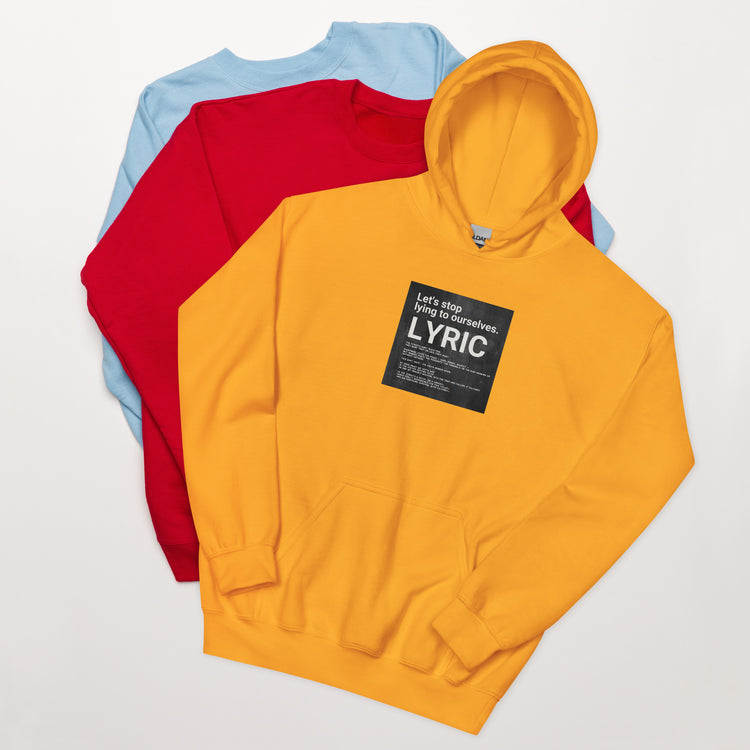 Gold hoodie with front graphic label reading “LYRIC”
