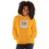 Mustard yellow unisex hoodie with hood and front graphic print.