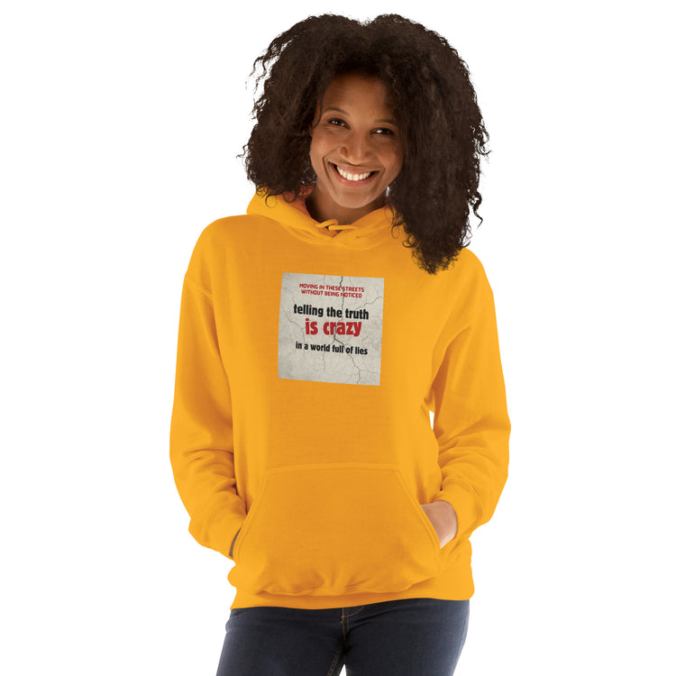 Mustard yellow unisex hoodie with hood and front graphic print.