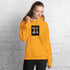 Unisex mustard yellow pullover hoodie with kangaroo pocket and chest graphic