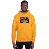 Orange unisex hoodie with kangaroo pocket and centered chest graphic