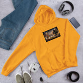 Unisex gold hoodie with chest graphic and front kangaroo pocket