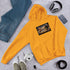 Unisex gold hoodie with chest graphic and front kangaroo pocket