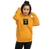 Gold unisex hoodie with front pocket and square chest graphic patch